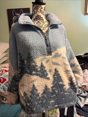 Plush Blue and Cream Sherpa Half-Zip Pullover Hoodie